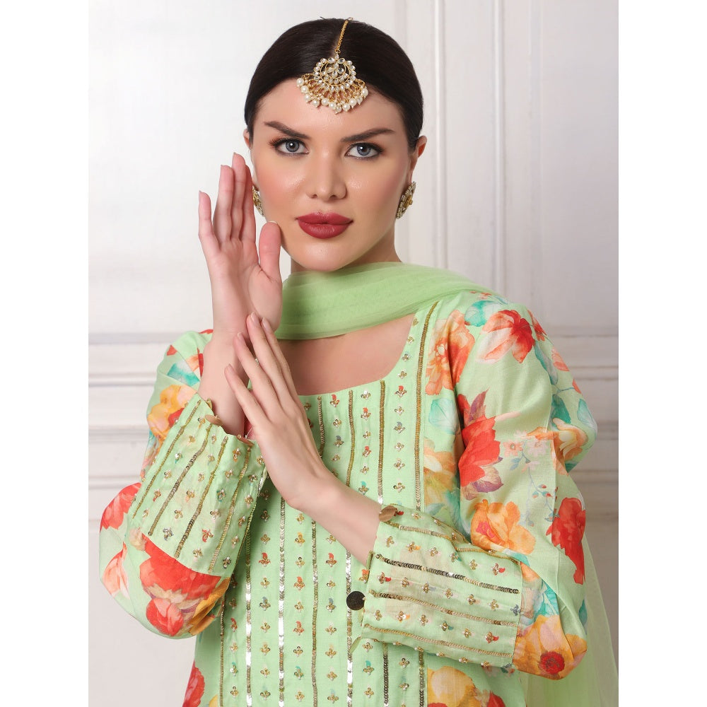 Bha-Sha Hazel Green Floral Kurta with Sharara & Dupatta (Set of 3)
