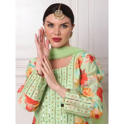 Bha-Sha Hazel Green Floral Kurta with Sharara & Dupatta (Set of 3)
