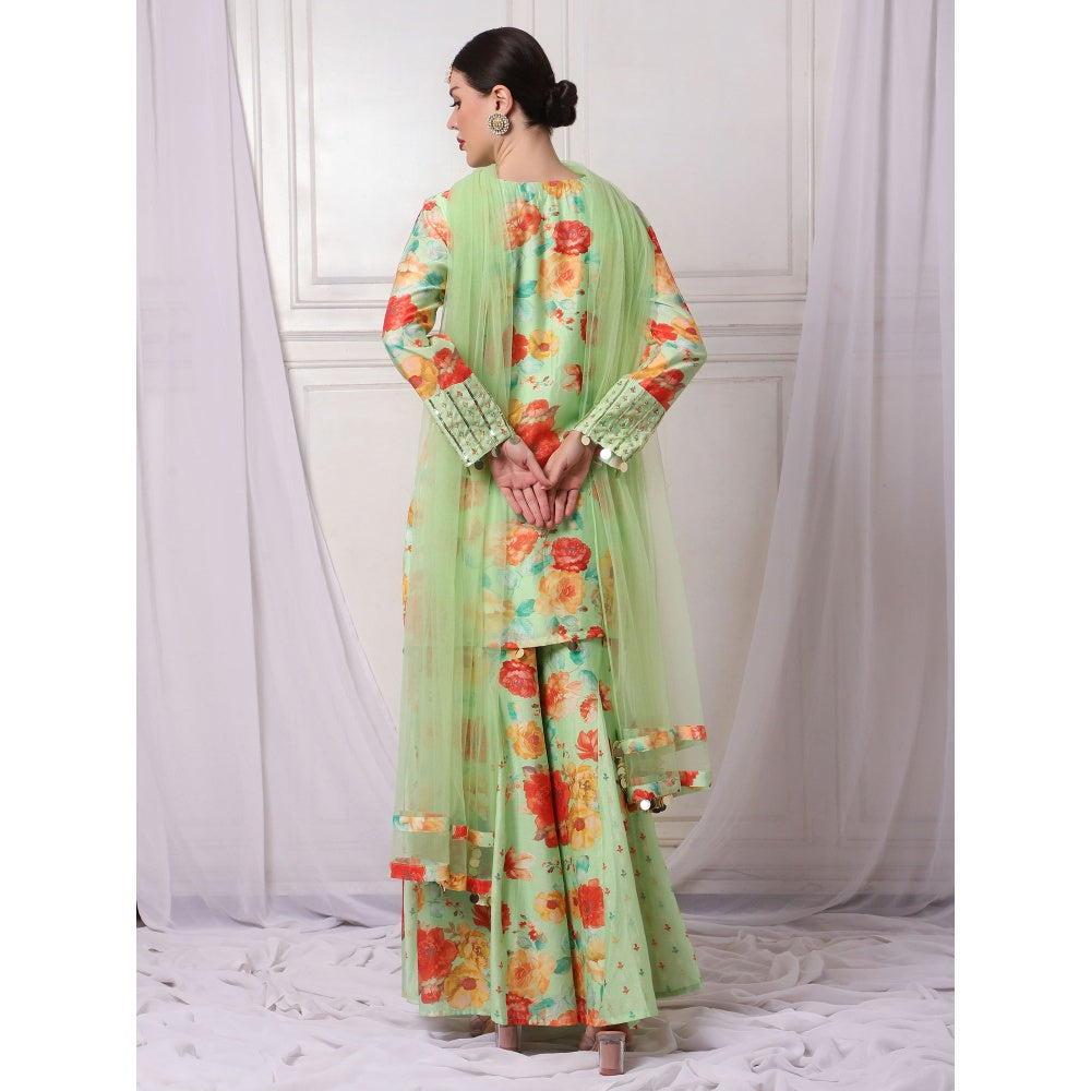 Bha-Sha Hazel Green Floral Kurta with Sharara & Dupatta (Set of 3)