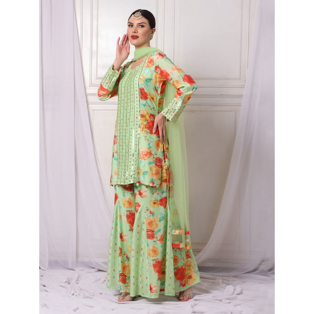 Bha-Sha Hazel Green Floral Kurta with Sharara & Dupatta (Set of 3)
