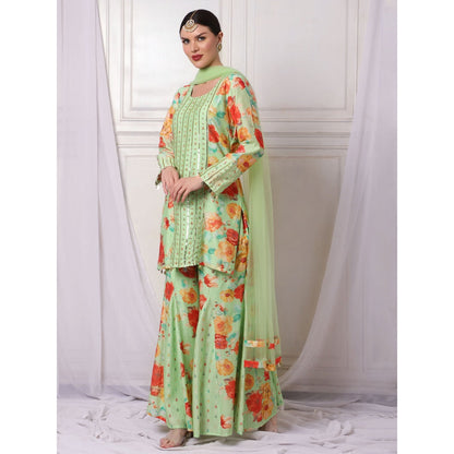 Bha-Sha Hazel Green Floral Kurta with Sharara & Dupatta (Set of 3)