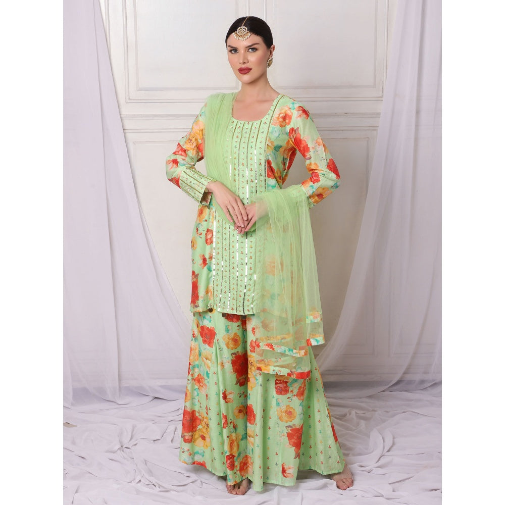 Bha-Sha Hazel Green Floral Kurta with Sharara & Dupatta (Set of 3)