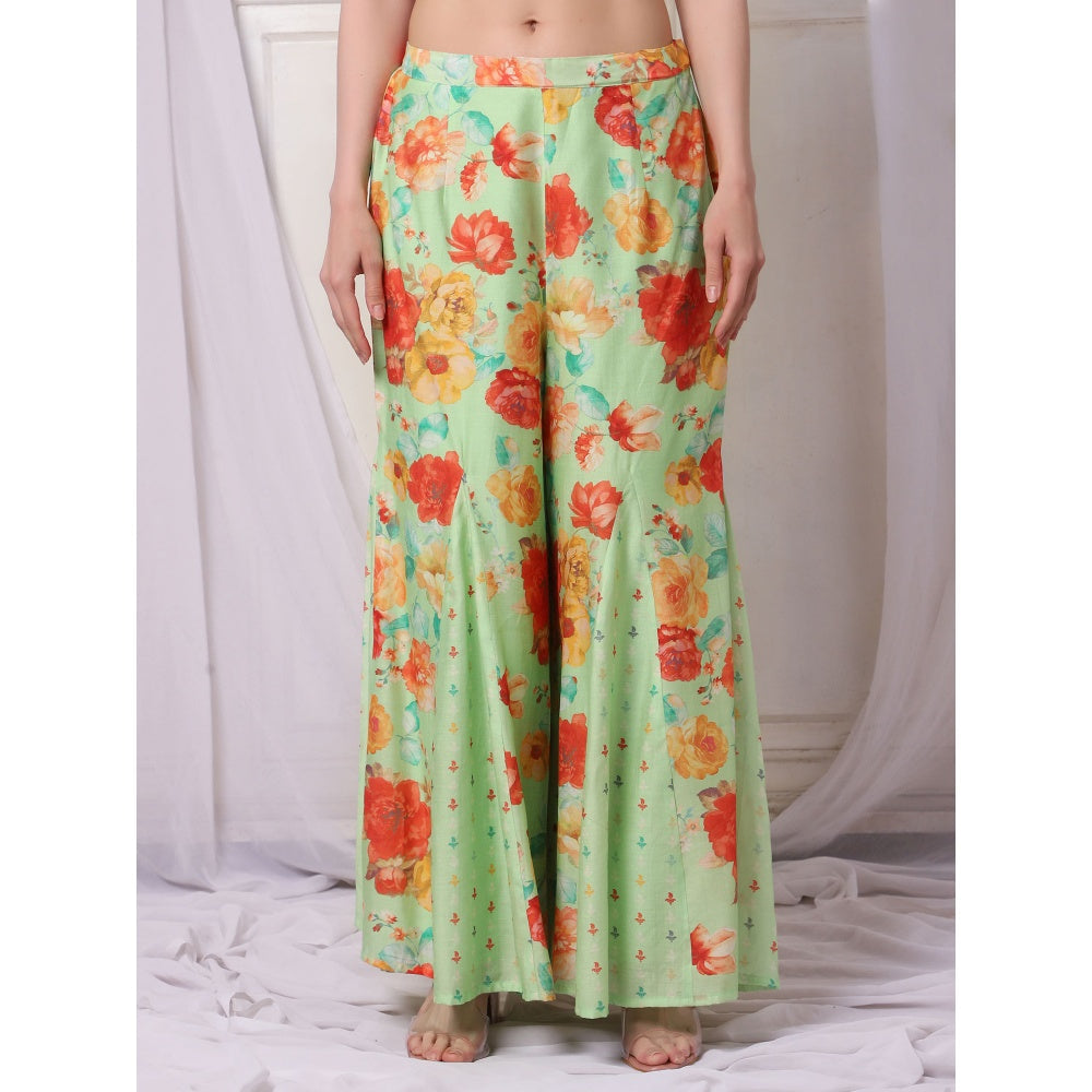 Bha-Sha Hazel Green Floral Kurta with Sharara & Dupatta (Set of 3)