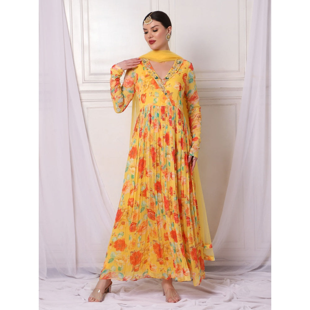 Bha-Sha Maple Yellow Floral Anarkali Kurta with Pant & Dupatta (Set of 3)