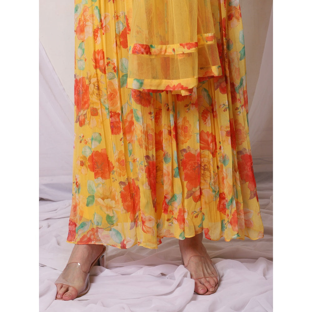 Bha-Sha Maple Yellow Floral Anarkali Kurta with Pant & Dupatta (Set of 3)