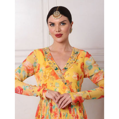 Bha-Sha Maple Yellow Floral Anarkali Kurta with Pant & Dupatta (Set of 3)