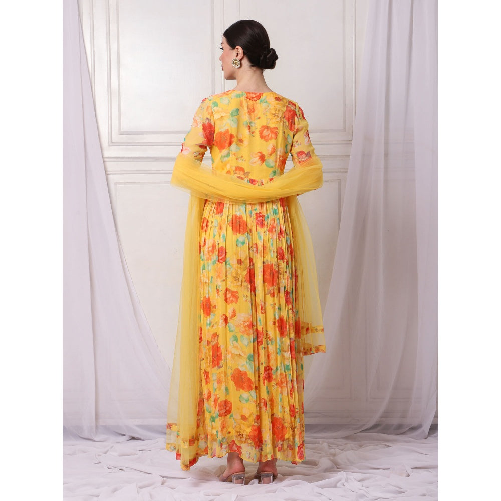 Bha-Sha Maple Yellow Floral Anarkali Kurta with Pant & Dupatta (Set of 3)