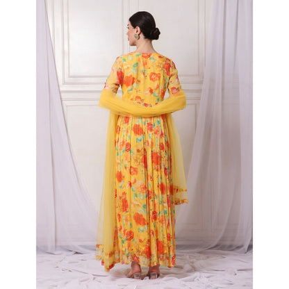 Bha-Sha Maple Yellow Floral Anarkali Kurta with Pant & Dupatta (Set of 3)