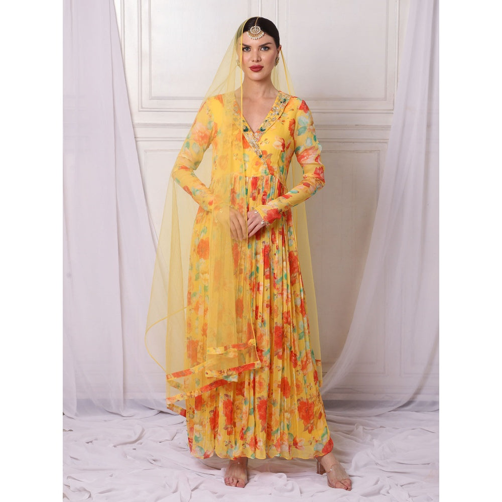 Bha-Sha Maple Yellow Floral Anarkali Kurta with Pant & Dupatta (Set of 3)