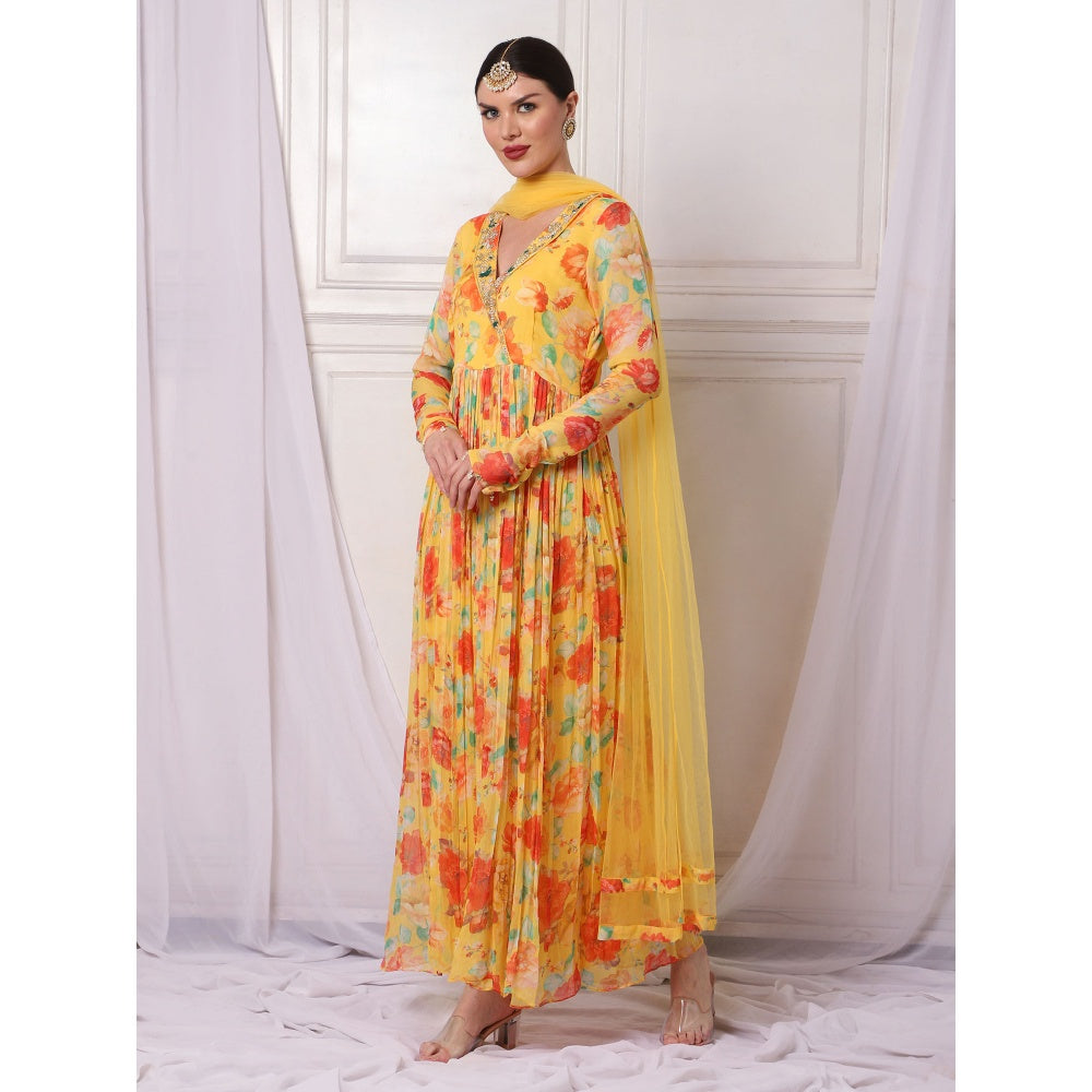 Bha-Sha Maple Yellow Floral Anarkali Kurta with Pant & Dupatta (Set of 3)