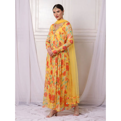 Bha-Sha Maple Yellow Floral Anarkali Kurta with Pant & Dupatta (Set of 3)