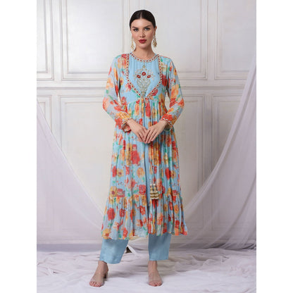 Bha-Sha Athiya Blue Floral Kurta with Pant & Jacket (Set of 3)