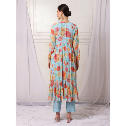Bha-Sha Athiya Blue Floral Kurta with Pant & Jacket (Set of 3)