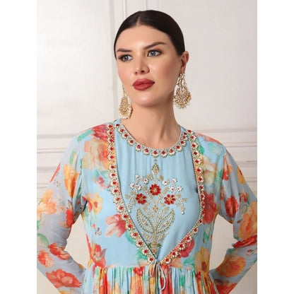 Bha-Sha Athiya Blue Floral Kurta with Pant & Jacket (Set of 3)