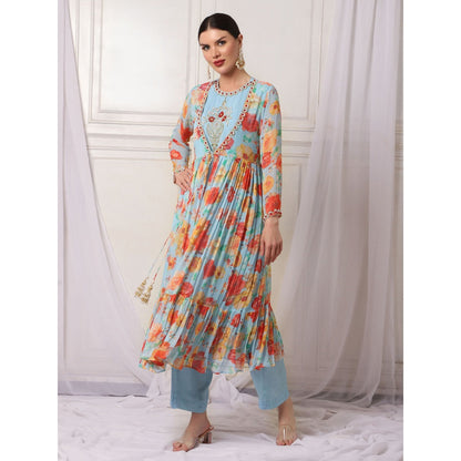 Bha-Sha Athiya Blue Floral Kurta with Pant & Jacket (Set of 3)