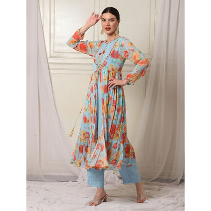 Bha-Sha Athiya Blue Floral Kurta with Pant & Jacket (Set of 3)