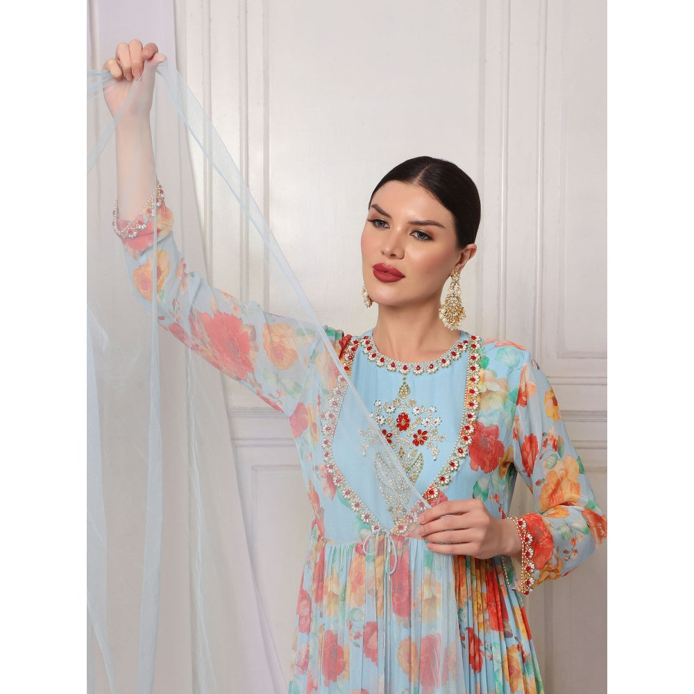 Bha-Sha Athiya Blue Floral Kurta with Pant & Jacket (Set of 3)