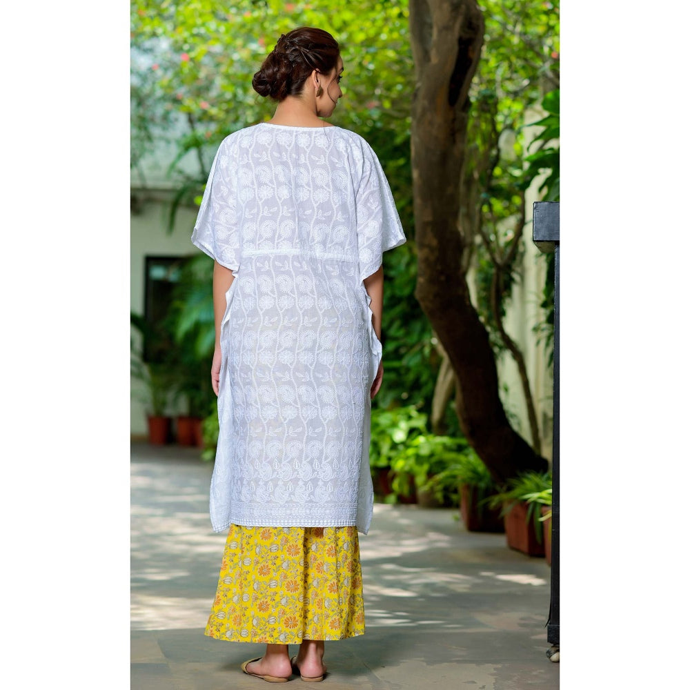 Bhayli Chikankari Full Embroidered Kaftan with Floral Jaal Print Pant (Set of 2)