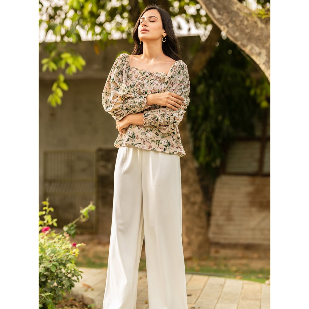 B'Infinite Vintage Floral Top And White Trousers (Set Of 2)