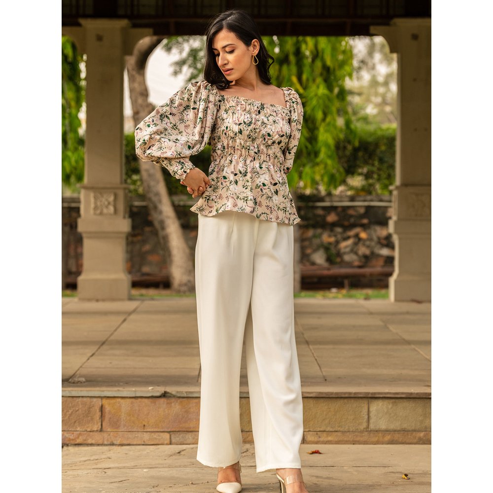 B'Infinite Vintage Floral Top And White Trousers (Set Of 2)