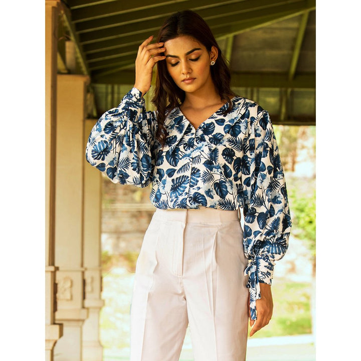 B'Infinite Blue Leaves Top And White Trousers (Set Of 2)