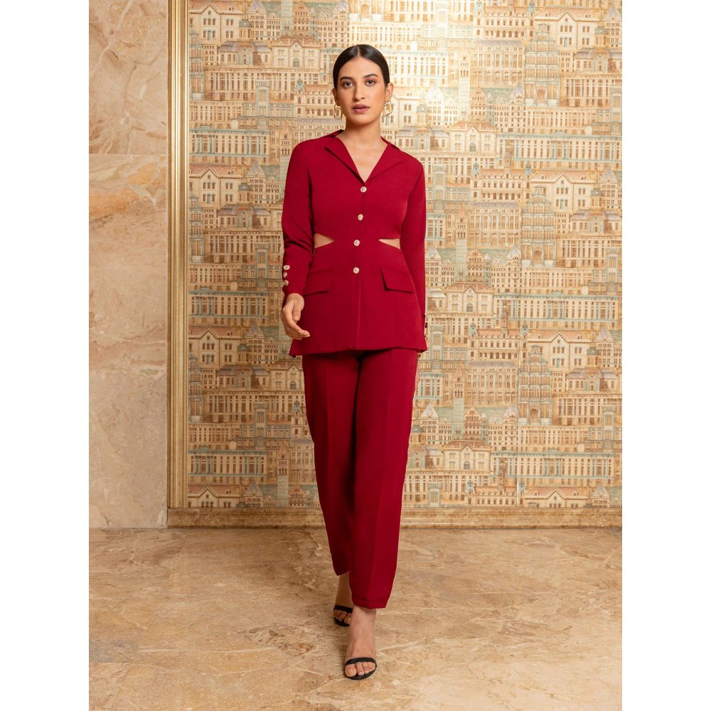 B'Infinite Garnet Red Waist Cut Out Blazer and Trousers (Set of 2)