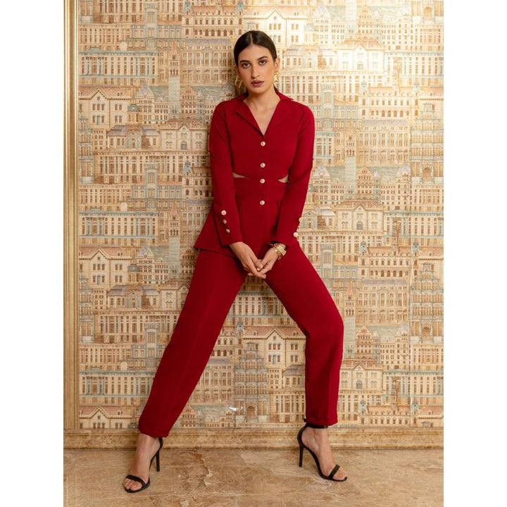 B'Infinite Garnet Red Waist Cut Out Blazer and Trousers (Set of 2)