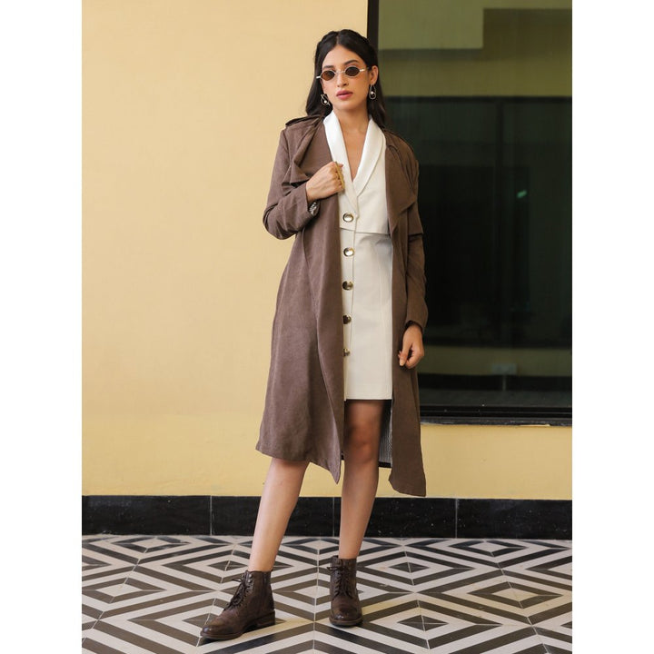 B'Infinite Brown Suede Overcoat and Pearl White Dress Set (Set of 2)