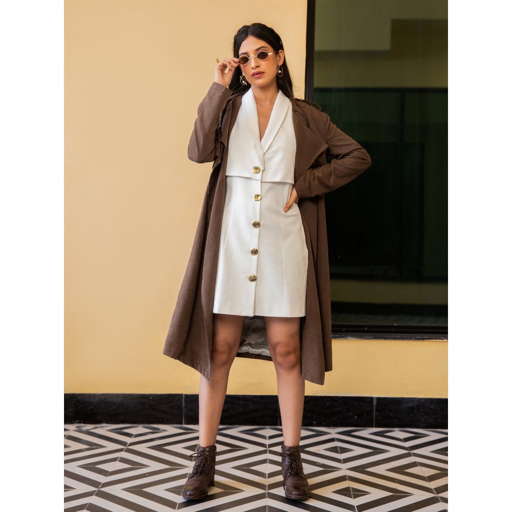 B'Infinite Brown Suede Overcoat and Pearl White Dress Set (Set of 2)