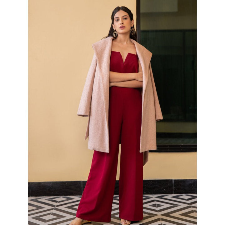 B'Infinite Pink Suede Overcoat and Claret Red Overlap Jumpsuit Set (Set of 2)