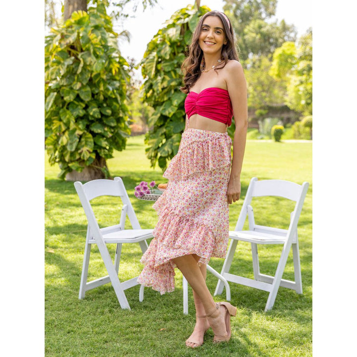B'Infinite Raspberry Silk Top & Floral Tiered Skirt (Set of 2)
