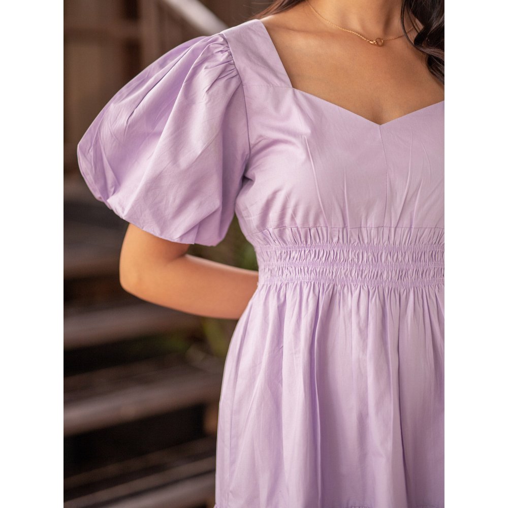 B'Infinite Lilac Bishop Sleeve Shirred Waistline Dress