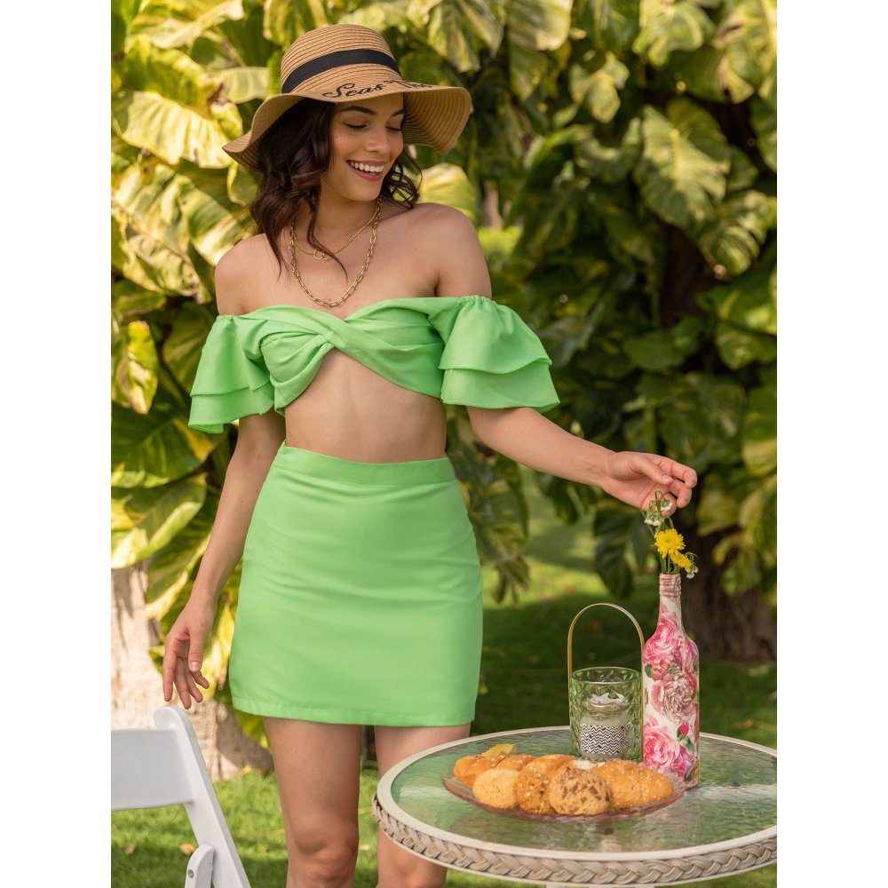 B'Infinite Chartreuse Silk Crop Top & Skirt (Set of 2)