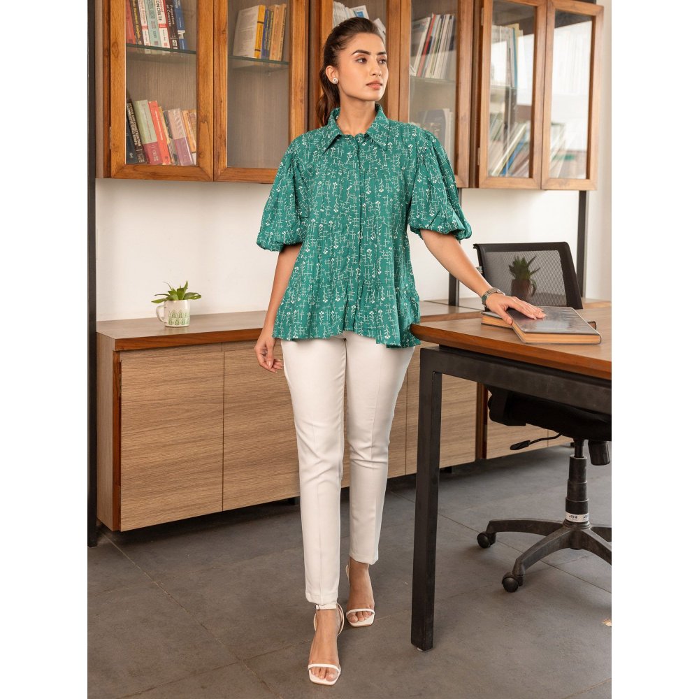 B'Infinite Teal Printed Tiered Shirt & White Trousers (Set of 2)