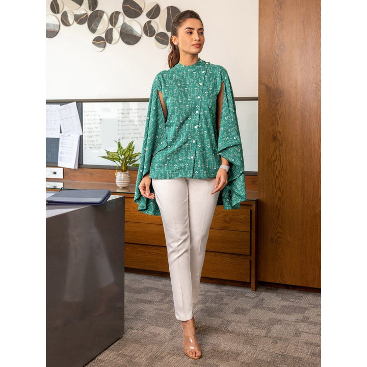 B'Infinite Teal Printed Cape Styled Shirt & White Trousers (Set of 2)