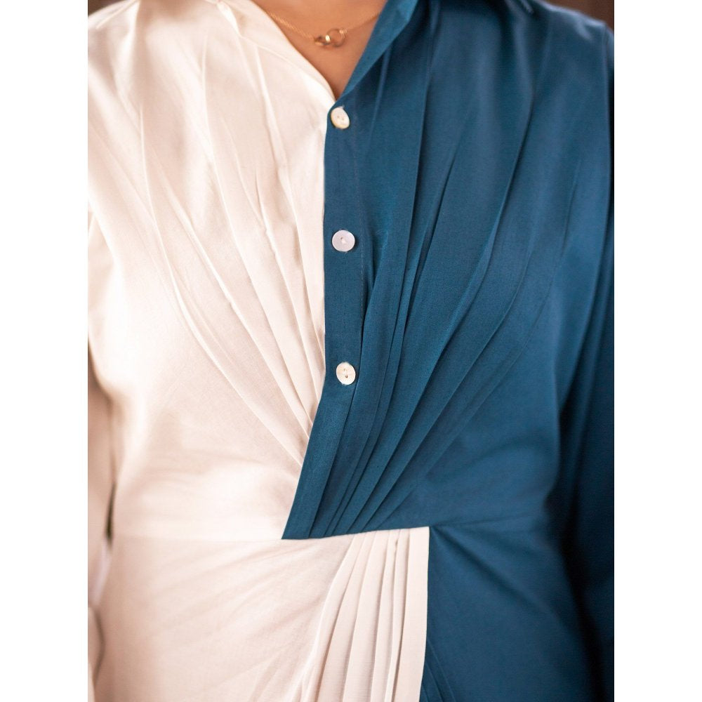 B'Infinite Twisted Prussian Blue & White Shirt Dress