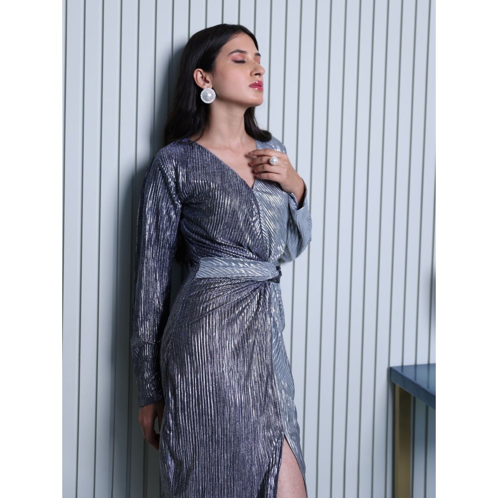 B'Infinite Metallic Blue & Silver Pleated Dress
