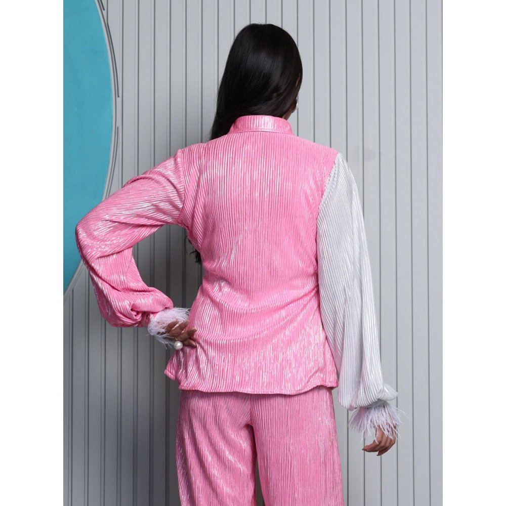 B'Infinite Metallic White Pink Pleated Shirt with Fur Cuffs