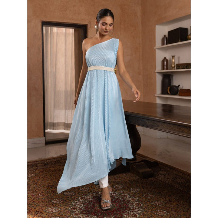 B'Infinite Cyan Pleated Gown & Trousers (Set of 3)