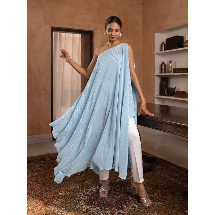 B'Infinite Cyan Pleated Gown & Trousers (Set of 3)