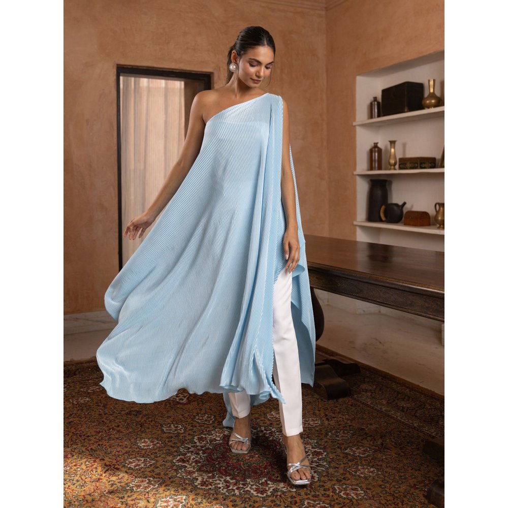 B'Infinite Cyan Pleated Gown & Trousers (Set of 3)