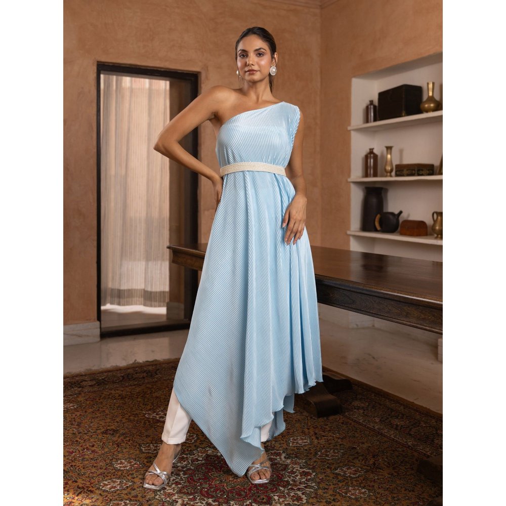 B'Infinite Cyan Pleated Gown & Trousers (Set of 3)