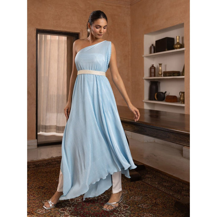 B'Infinite Cyan Pleated Gown & Trousers (Set of 3)