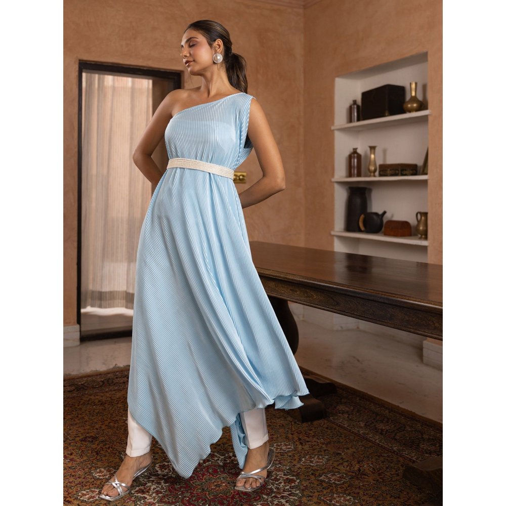 B'Infinite Cyan Pleated Gown & Trousers (Set of 3)