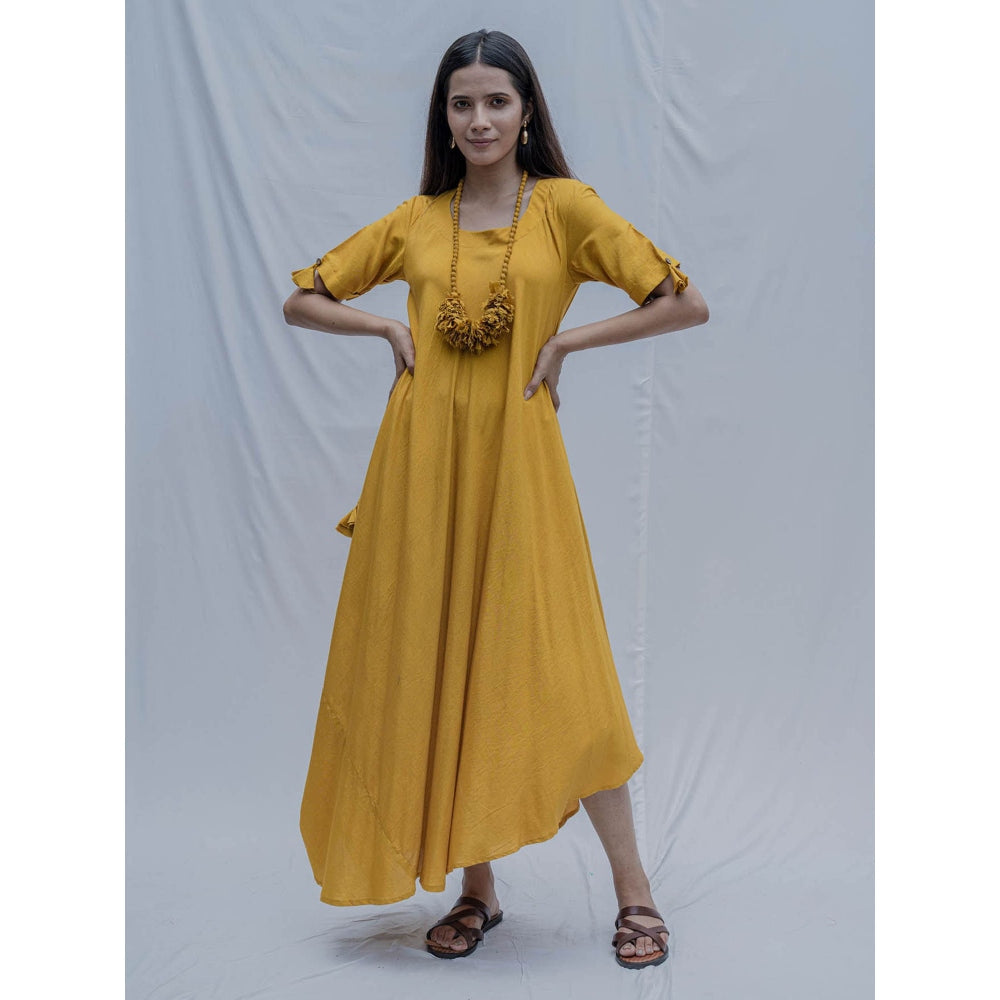 Bohame Mustard Bias Dress With Necklace (Set of 2)