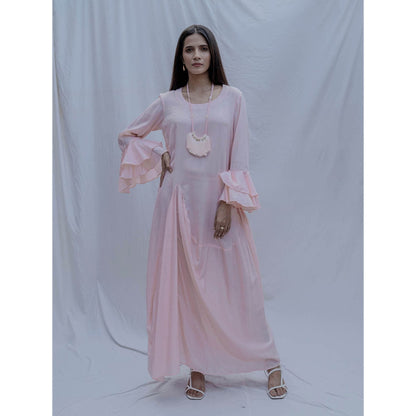 Bohame Peach Asymmetric Dress With Necklace (Set of 2)