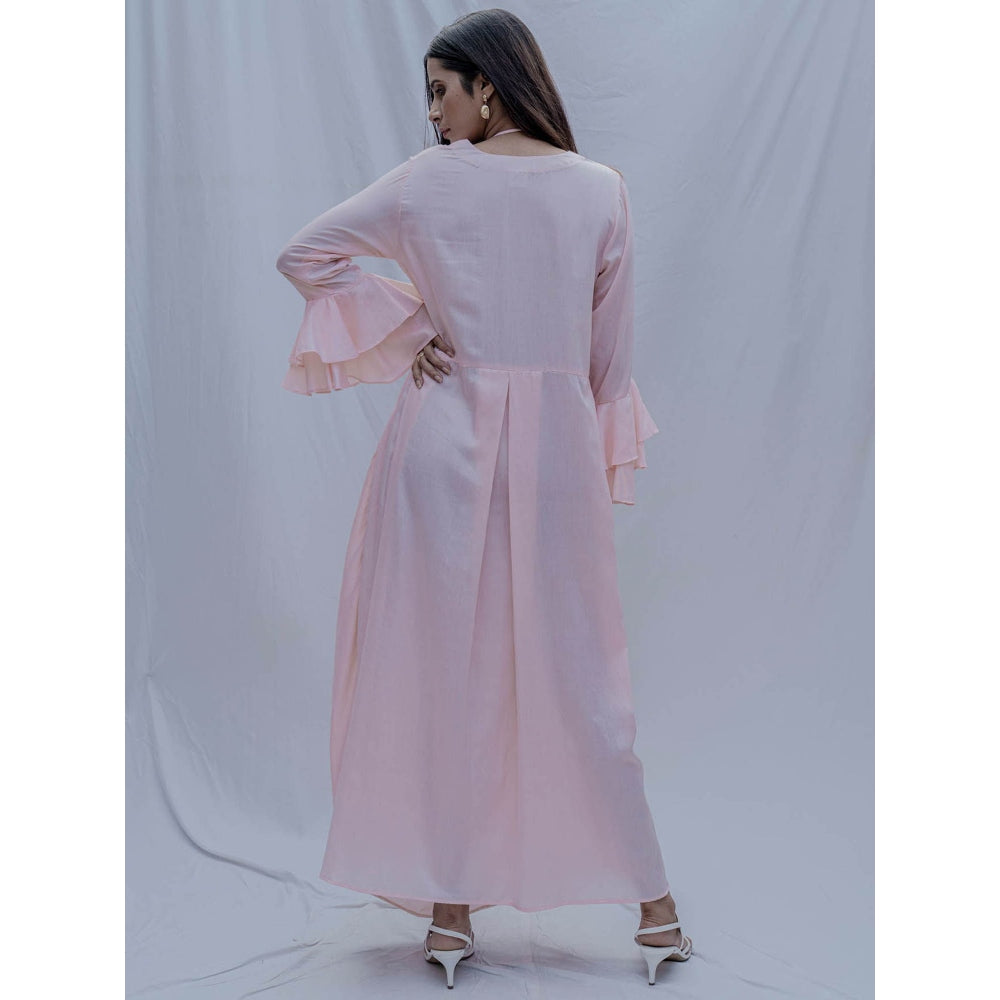 Bohame Peach Asymmetric Dress With Necklace (Set of 2)