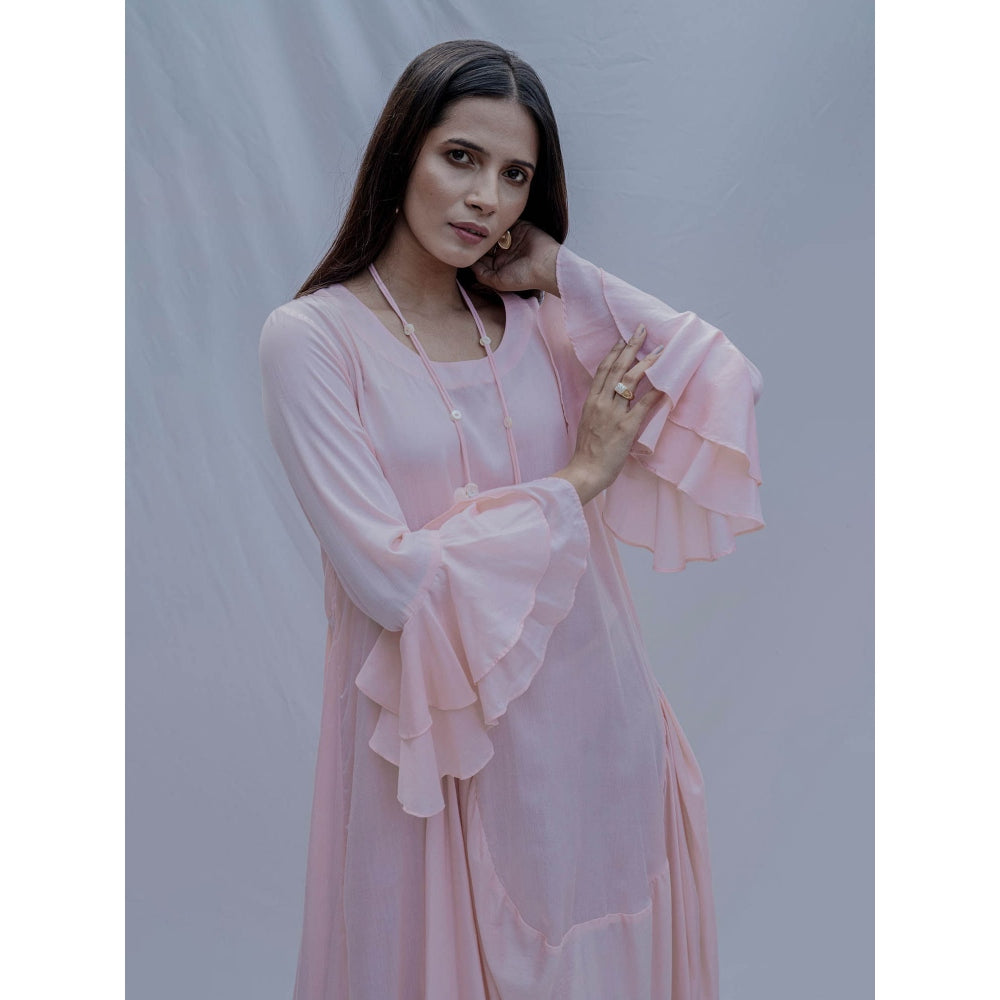 Bohame Peach Asymmetric Dress With Necklace (Set of 2)