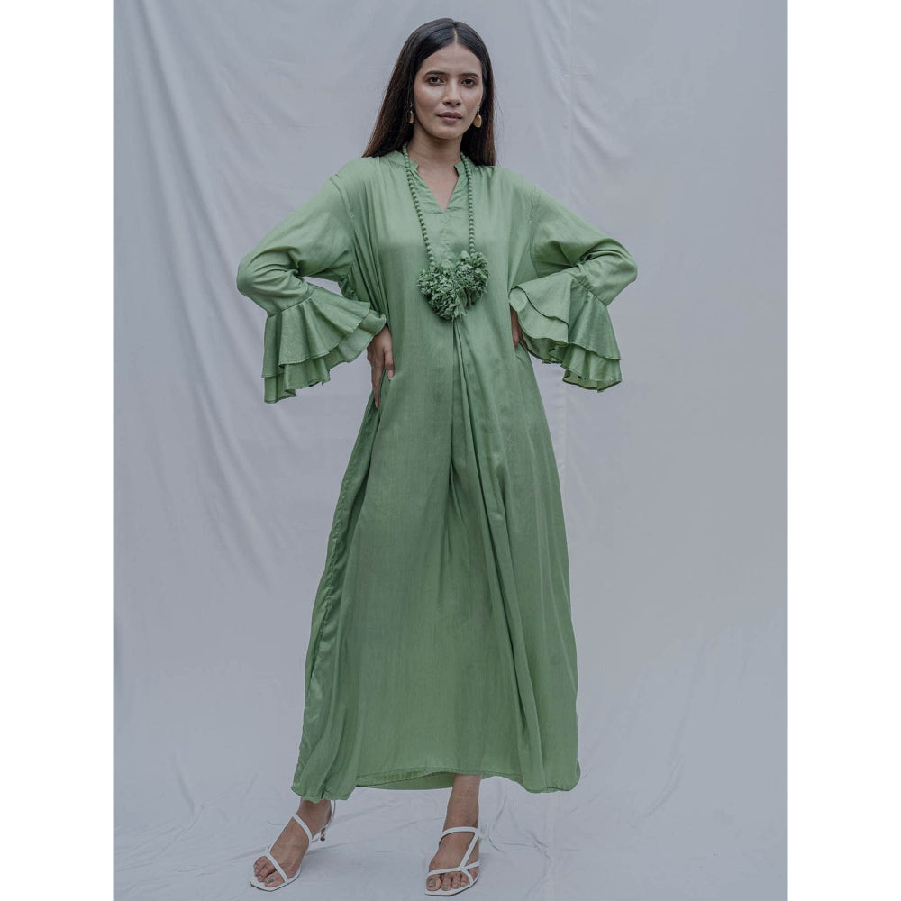 Bohame Light Green Asymmetric Dress With Necklace (Set of 2)