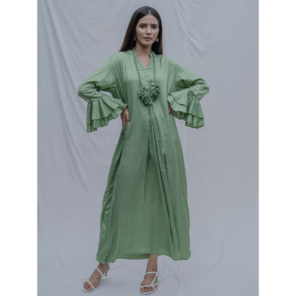 Bohame Light Green Asymmetric Dress With Necklace (Set of 2)